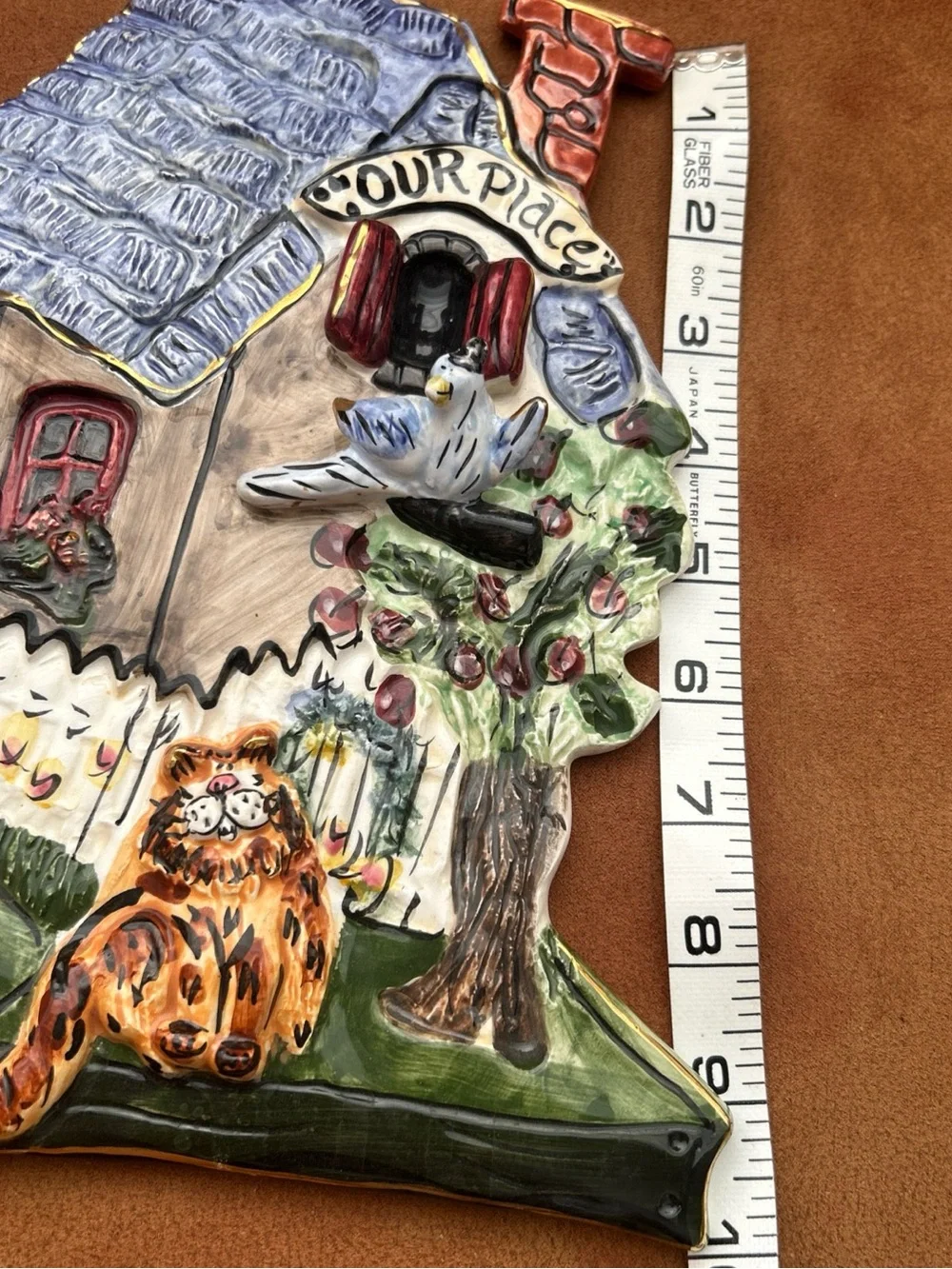 Blue Sky Our Place Wall Hanging Ceramic Heather Goldminc Signed Cat Bird 3D